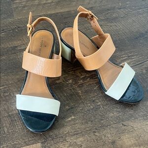 Tory Burch Two-Tone Block Heel Sandals in Tan, White and Black